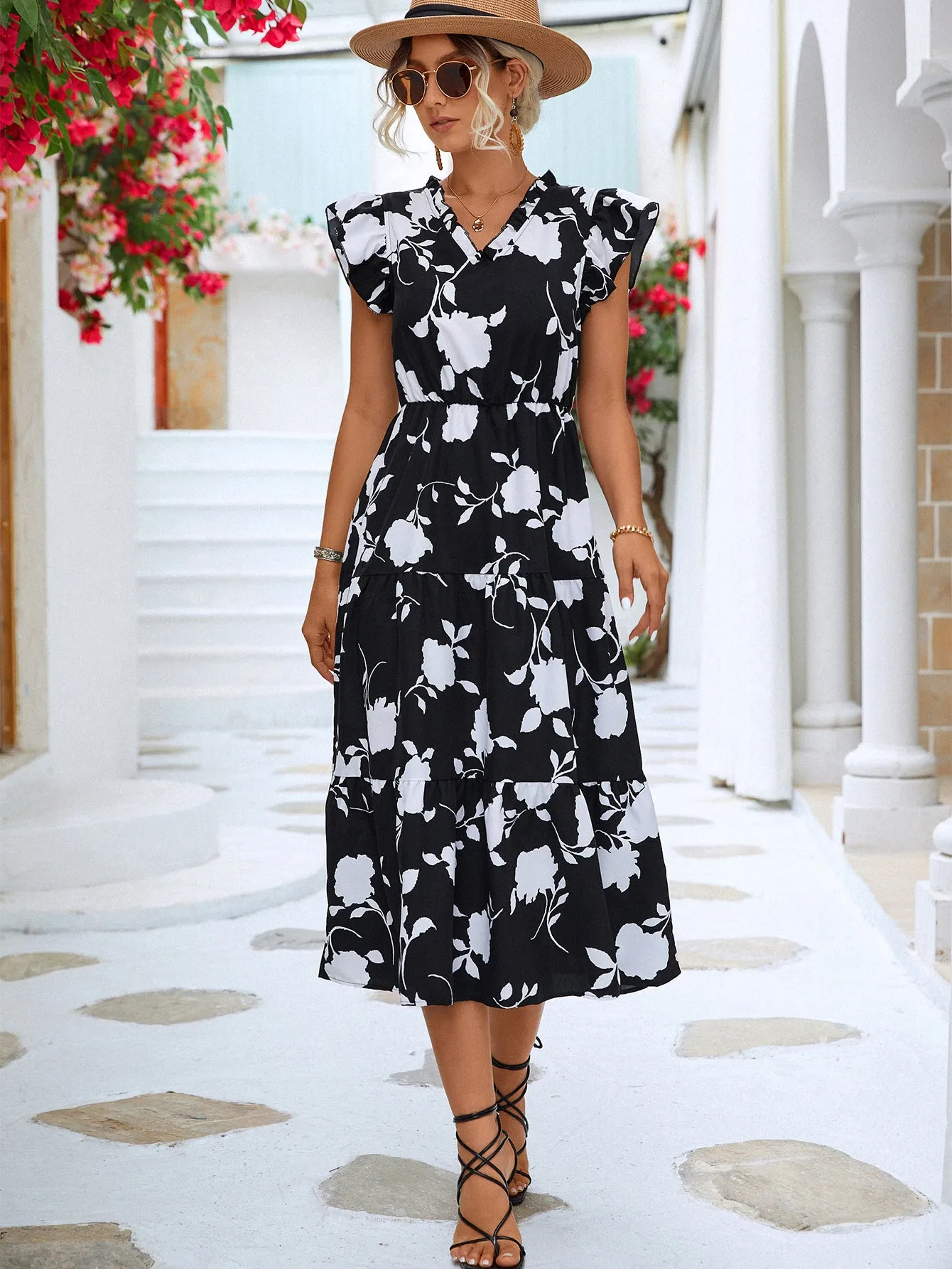 Floral Frill Trim V-Neck Tiered Midi Dress sold by Gigi Laurent