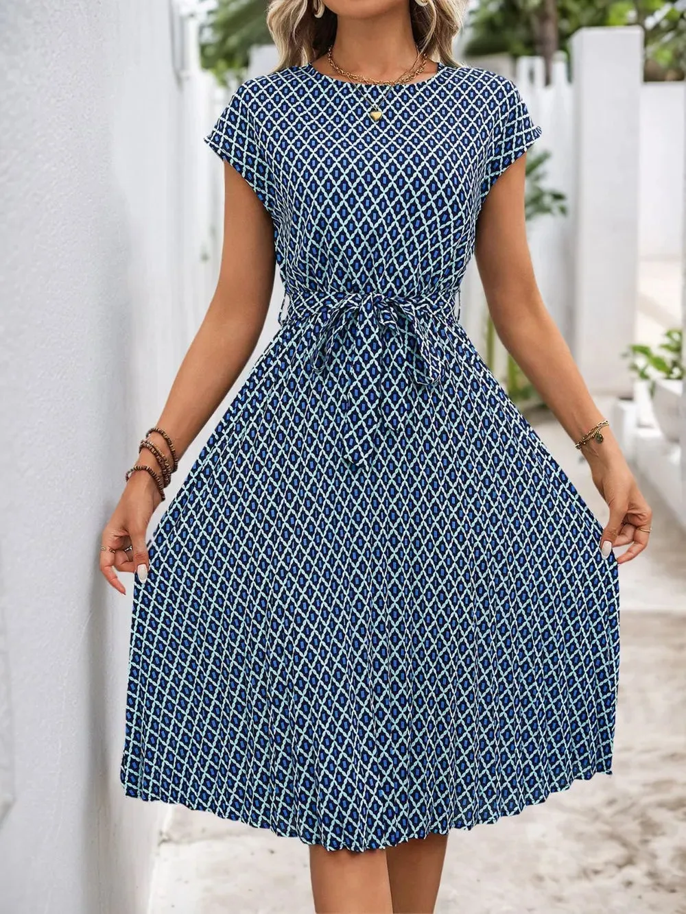 Perfee Printed Round Neck Short Sleeve Midi Dress sold by Gigi Laurent product image thumbnail 4