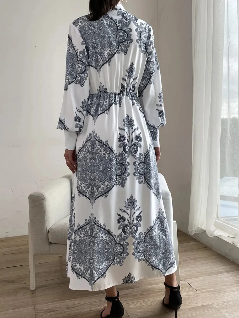 Printed Notched Lantern Sleeve Midi Dress sold by Gigi Laurent product image thumbnail 2