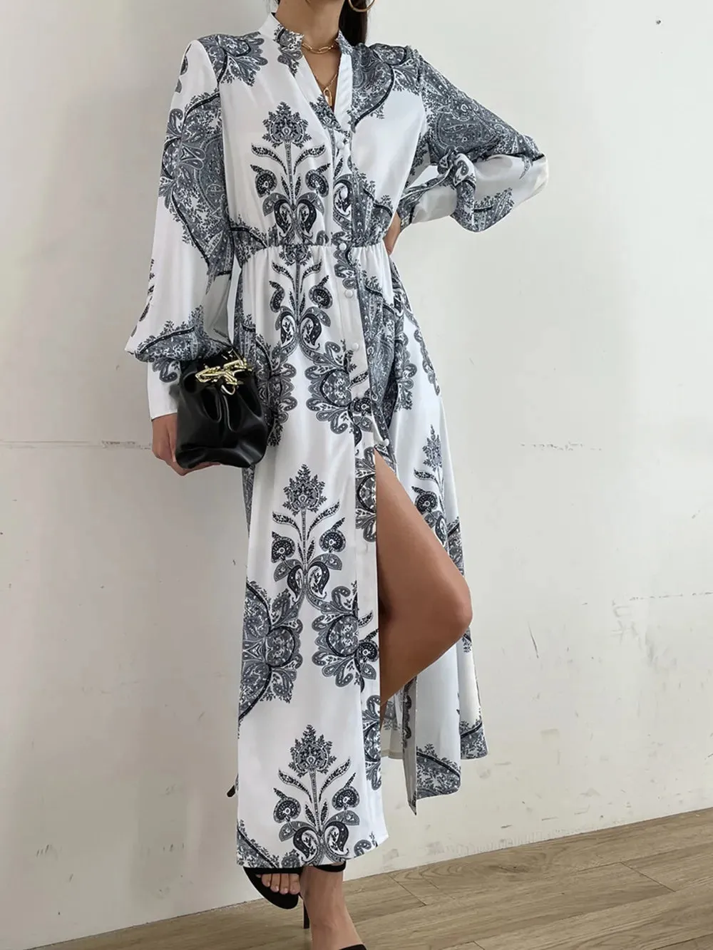 Printed Notched Lantern Sleeve Midi Dress sold by Gigi Laurent product image thumbnail 3