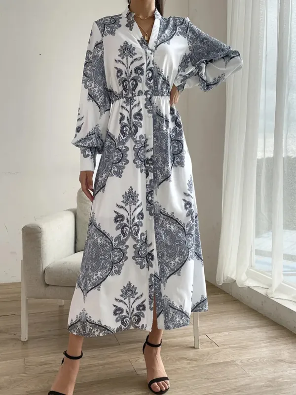 Printed Notched Lantern Sleeve Midi Dress sold by Gigi Laurent