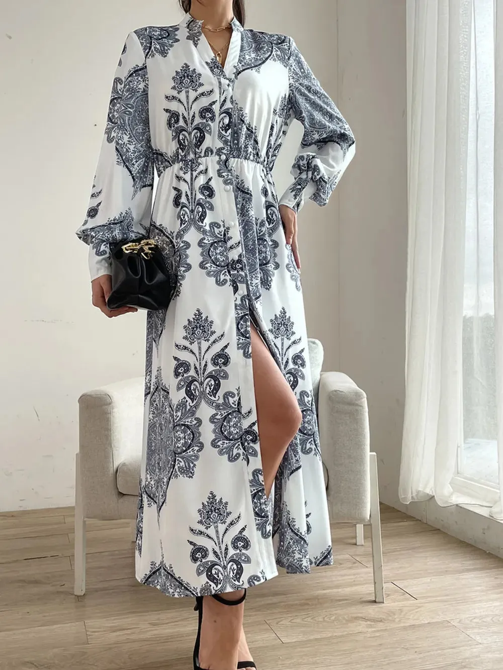 Printed Notched Lantern Sleeve Midi Dress sold by Gigi Laurent product image thumbnail 4