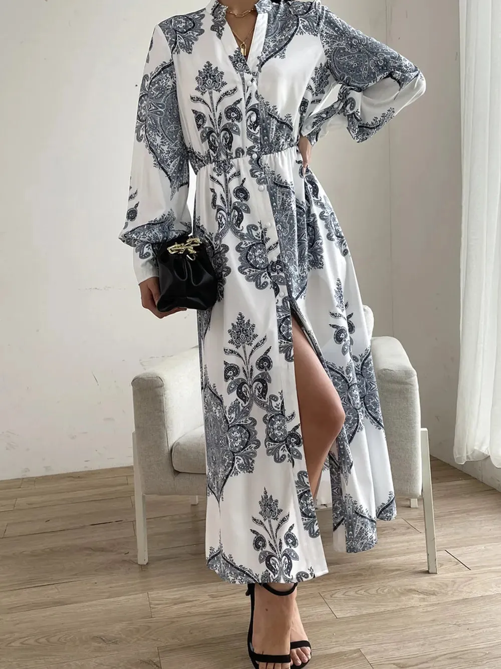Printed Notched Lantern Sleeve Midi Dress sold by Gigi Laurent product image thumbnail 5