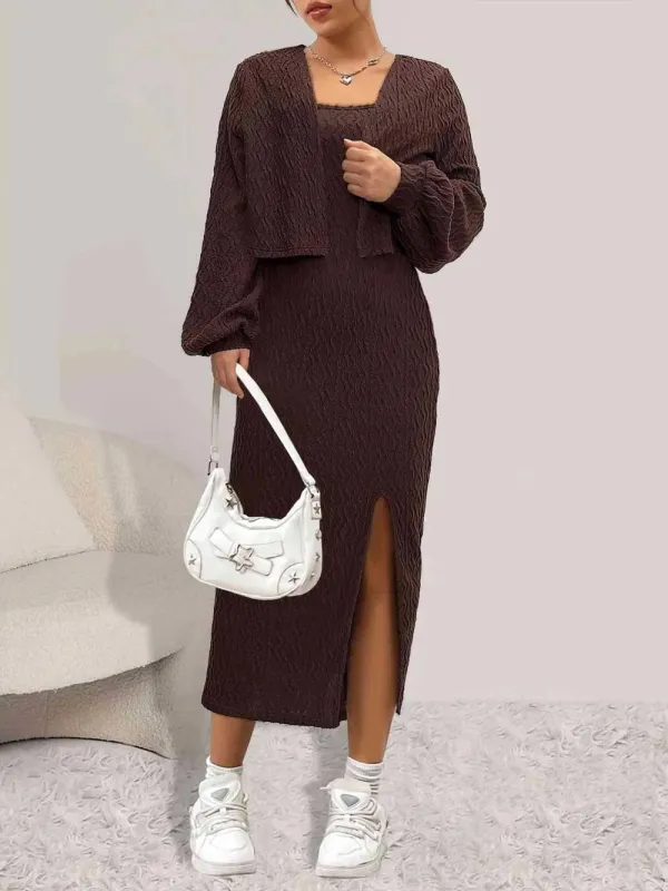 Open Front Long Sleeve Cardigan and Side Slit Cami Dress Set sold by Gigi Laurent