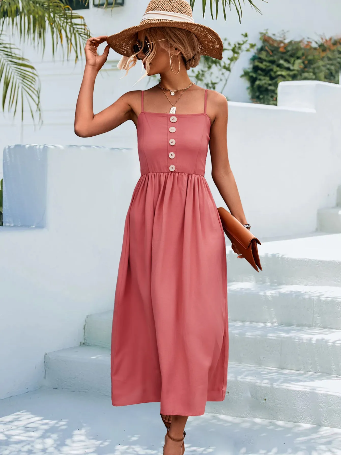 Decorative Button Spaghetti Strap Midi Dress sold by Gigi Laurent product image thumbnail 5