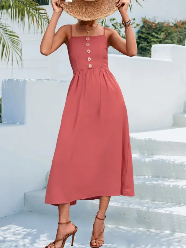 Decorative Button Spaghetti Strap Midi Dress sold by Gigi Laurent