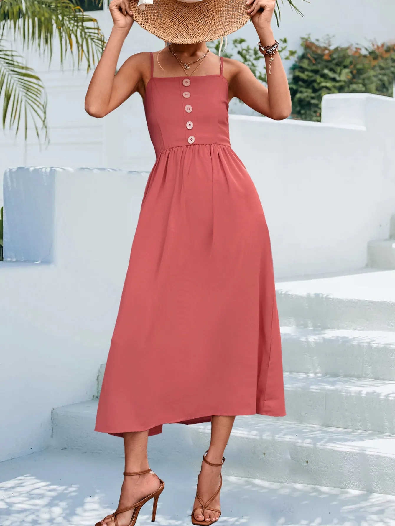 Decorative Button Spaghetti Strap Midi Dress sold by Gigi Laurent