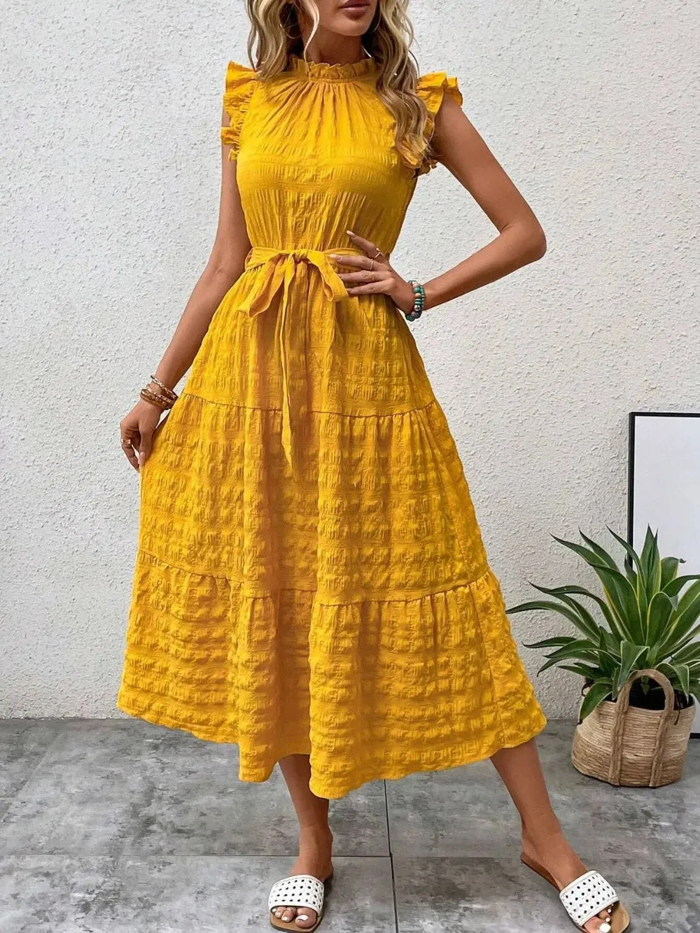Tied Ruffled Cap Sleeve Midi Dress sold by Gigi Laurent