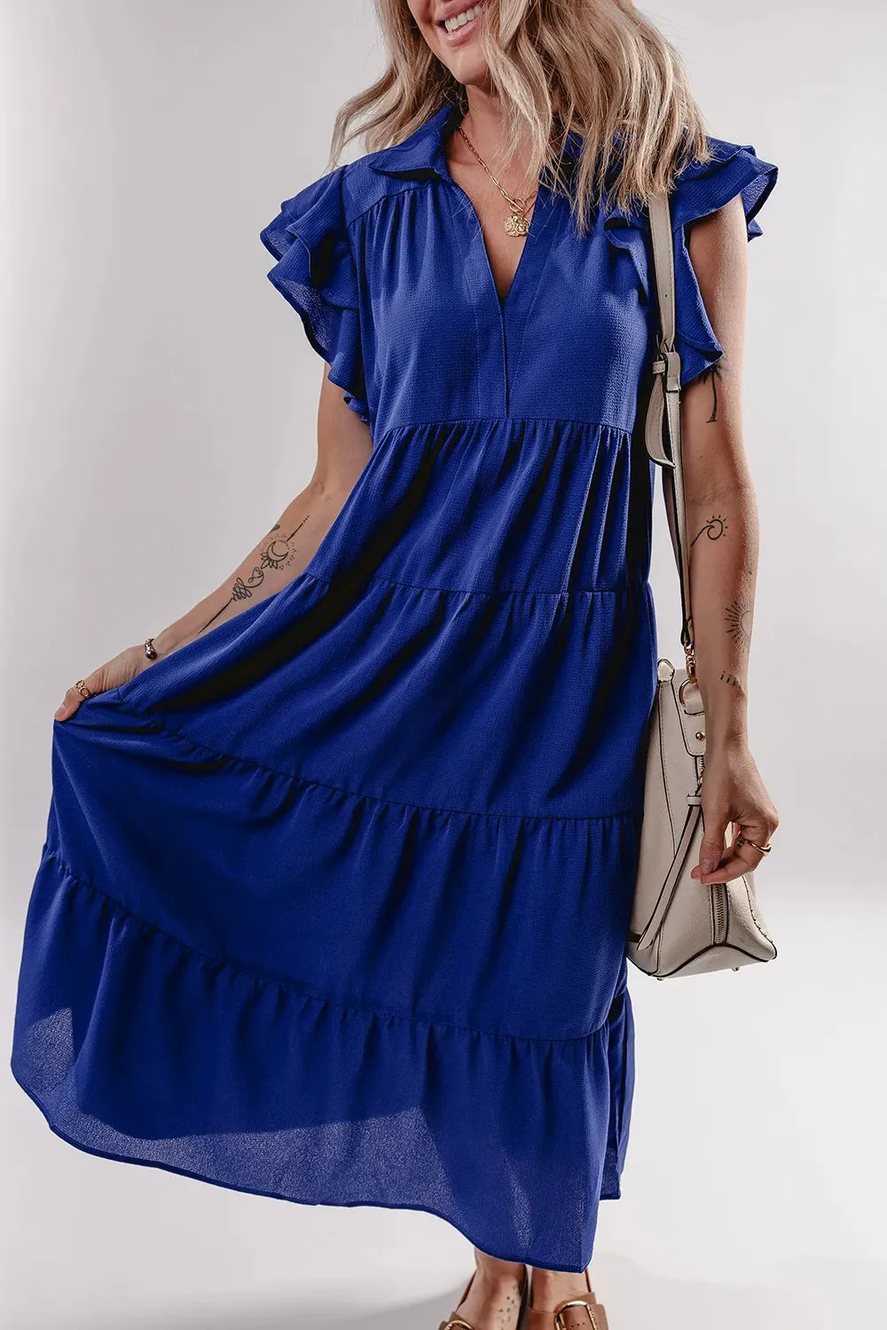 Ruffled Short Sleeve Collared V Neck Tiered Midi Dress sold by Gigi Laurent product image thumbnail 2