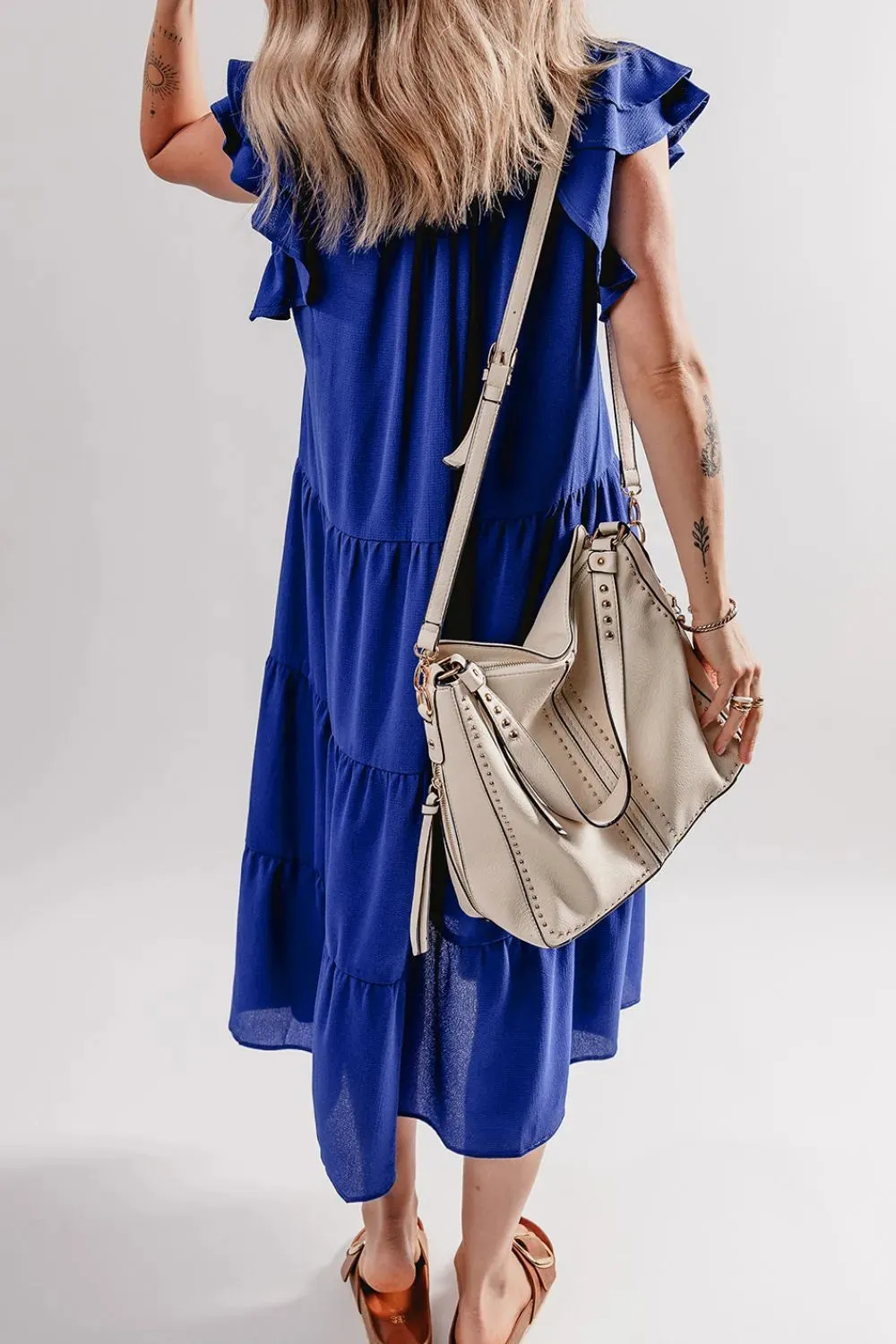 Ruffled Short Sleeve Collared V Neck Tiered Midi Dress sold by Gigi Laurent product image thumbnail 3