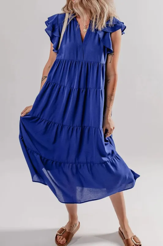 Ruffled Short Sleeve Collared V Neck Tiered Midi Dress sold by Gigi Laurent