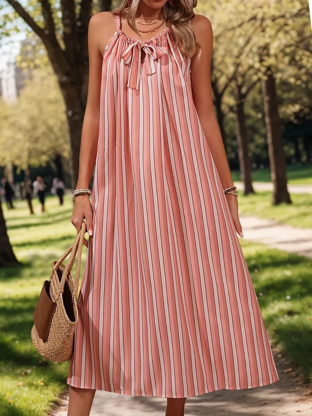 Perfee Striped Tie Neck Midi Cami Dress sold by Gigi Laurent