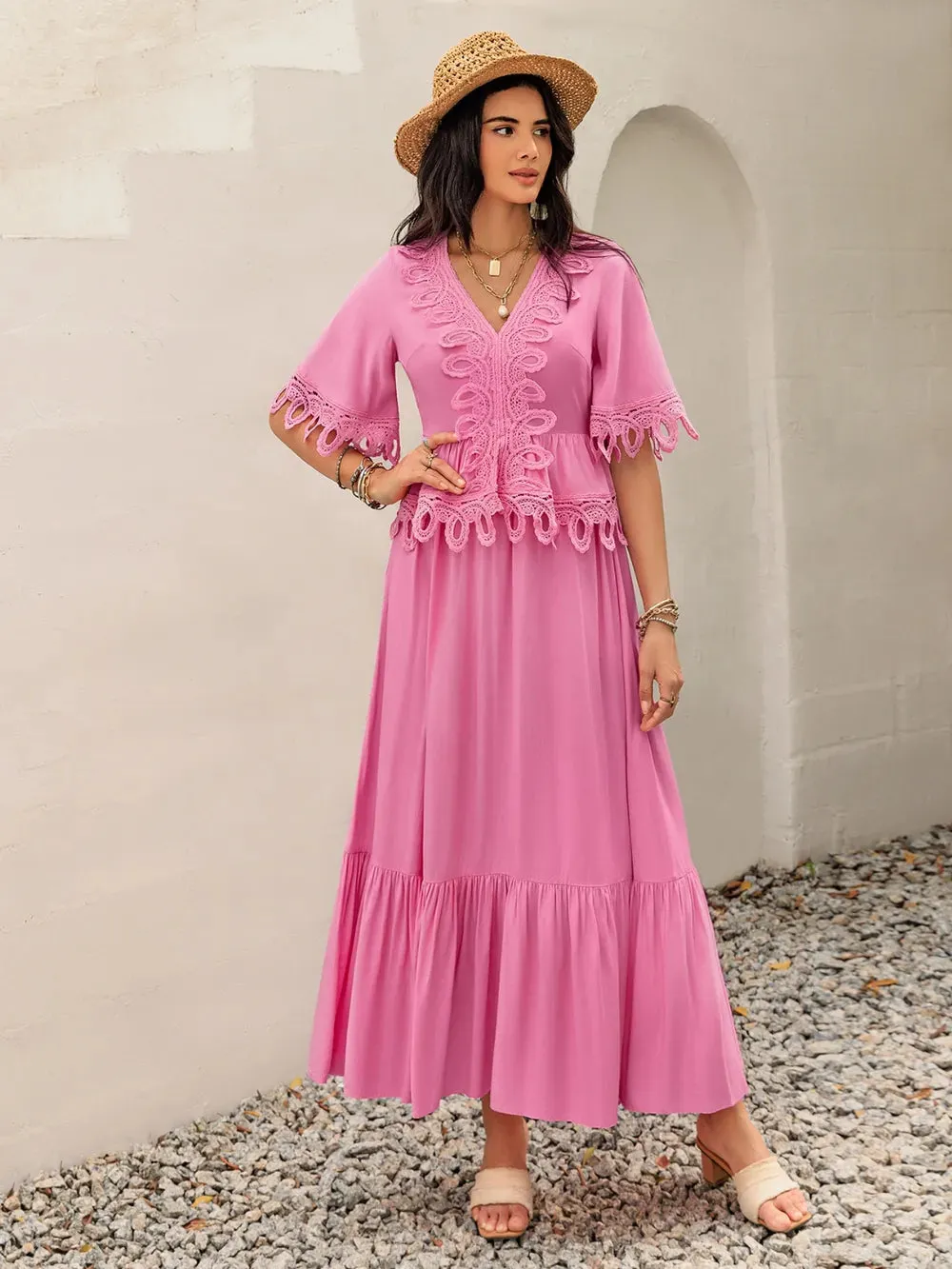 Lace Detail V-Neck Half Sleeve Midi Dress sold by Gigi Laurent product image thumbnail 3