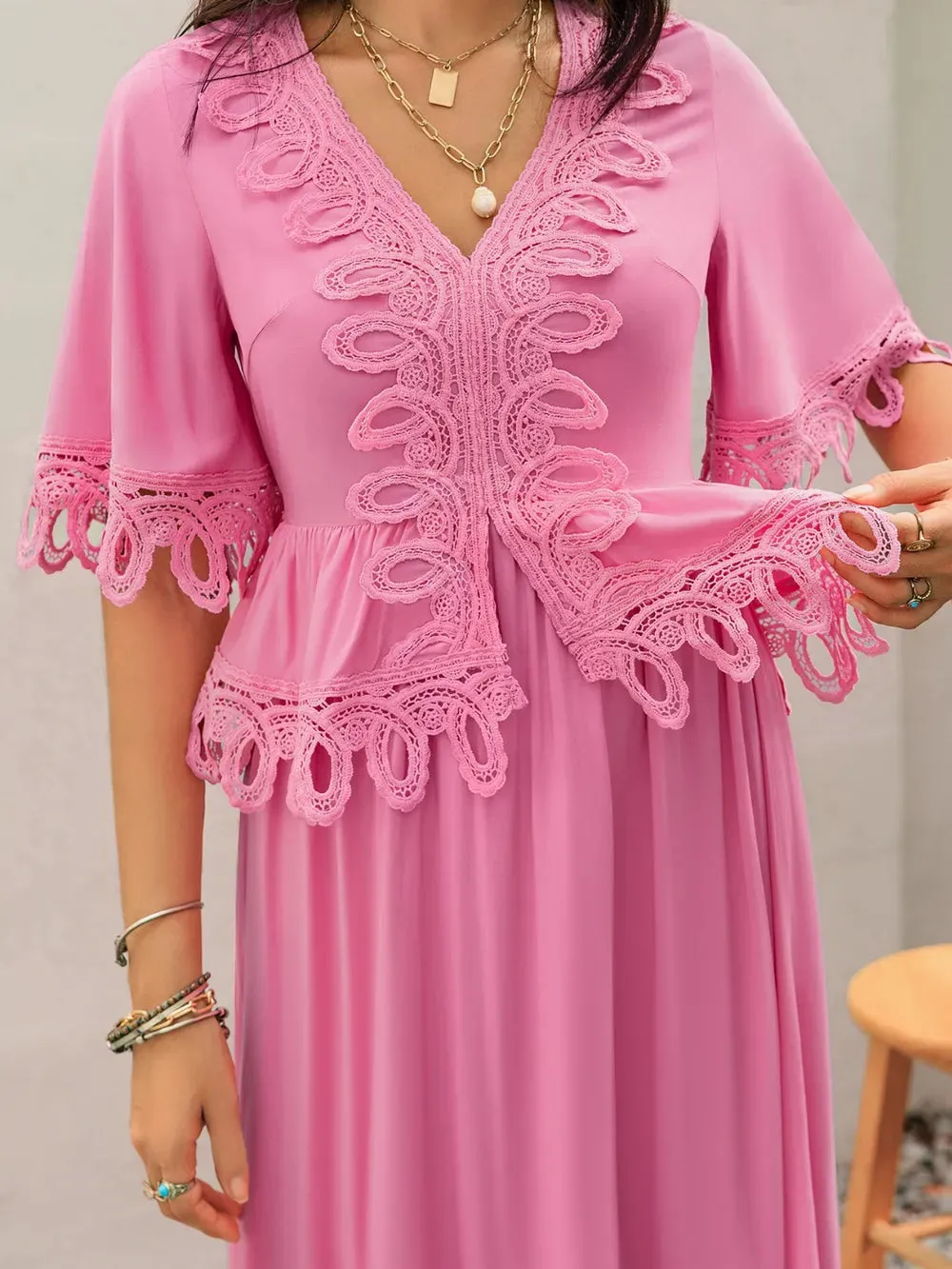 Lace Detail V-Neck Half Sleeve Midi Dress sold by Gigi Laurent product image thumbnail 2