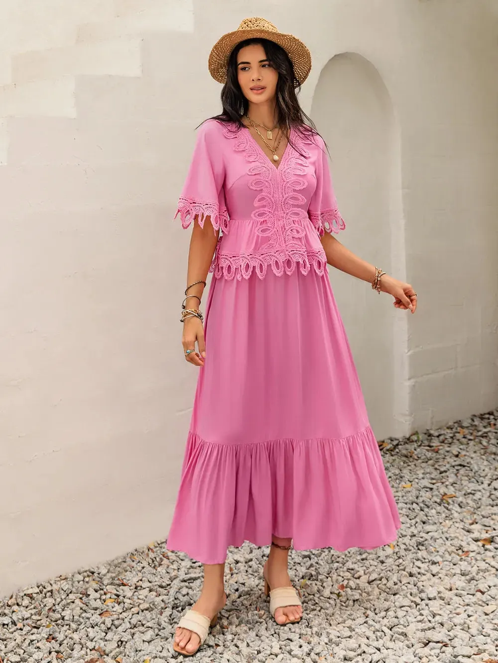 Lace Detail V-Neck Half Sleeve Midi Dress sold by Gigi Laurent