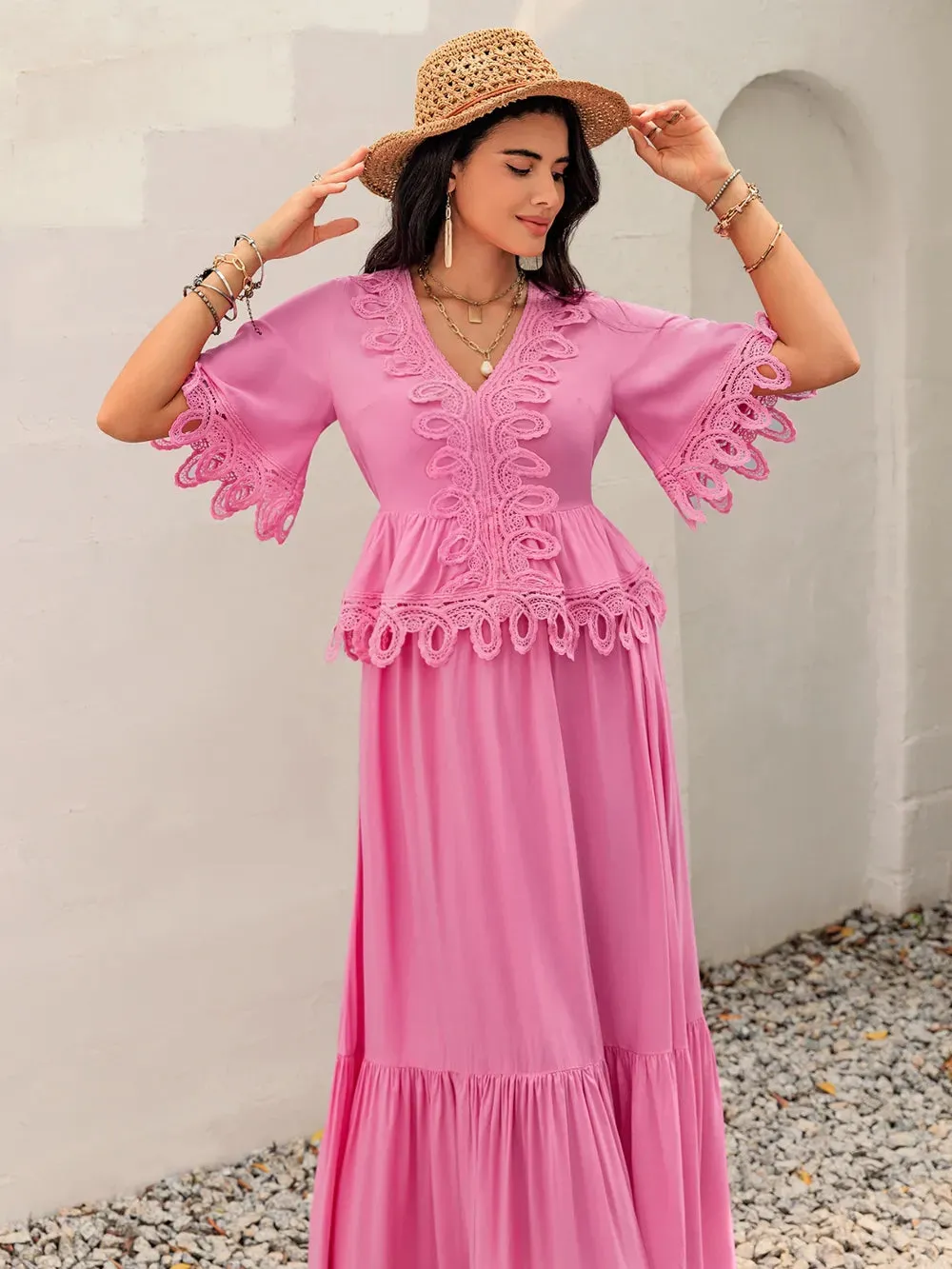 Lace Detail V-Neck Half Sleeve Midi Dress sold by Gigi Laurent product image thumbnail 5