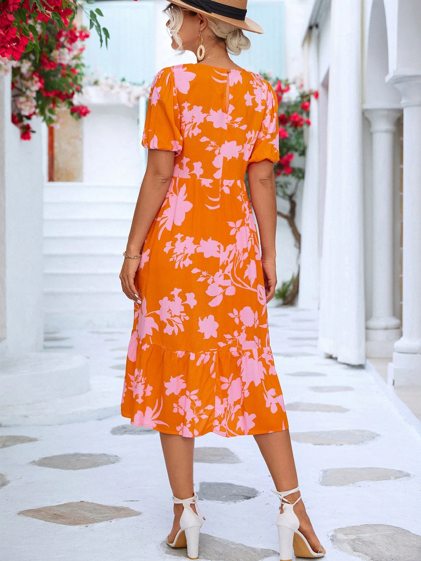 Floral Puff Sleeve Ruffle Hem Midi Dress sold by Gigi Laurent product image thumbnail 2