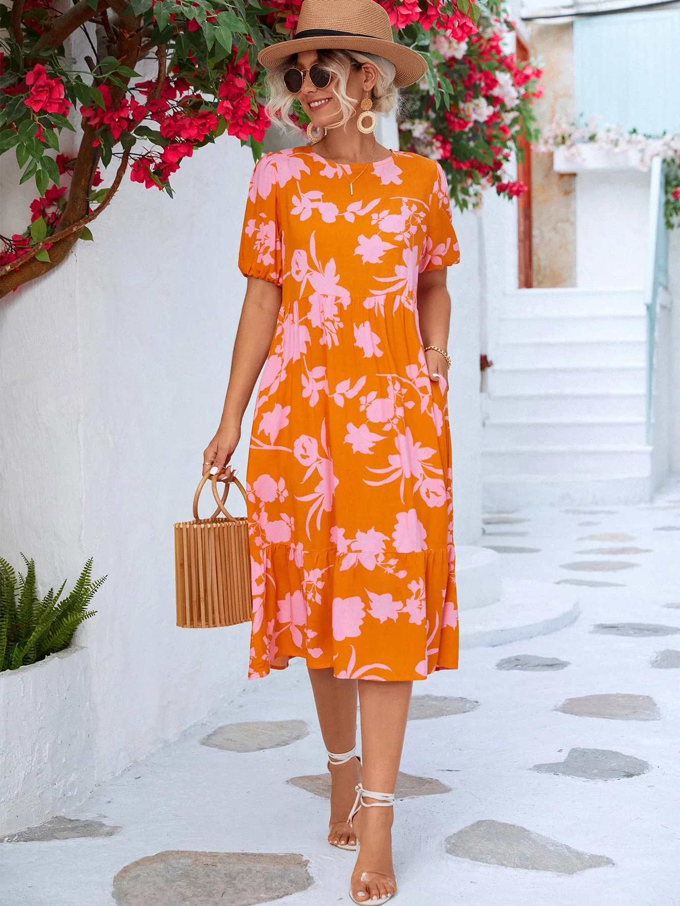 Floral Puff Sleeve Ruffle Hem Midi Dress sold by Gigi Laurent product image thumbnail 4