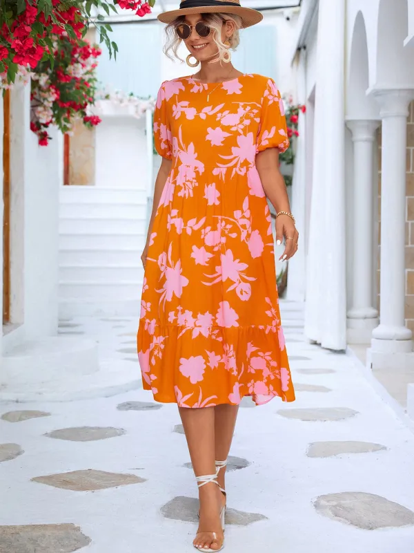 Floral Puff Sleeve Ruffle Hem Midi Dress sold by Gigi Laurent