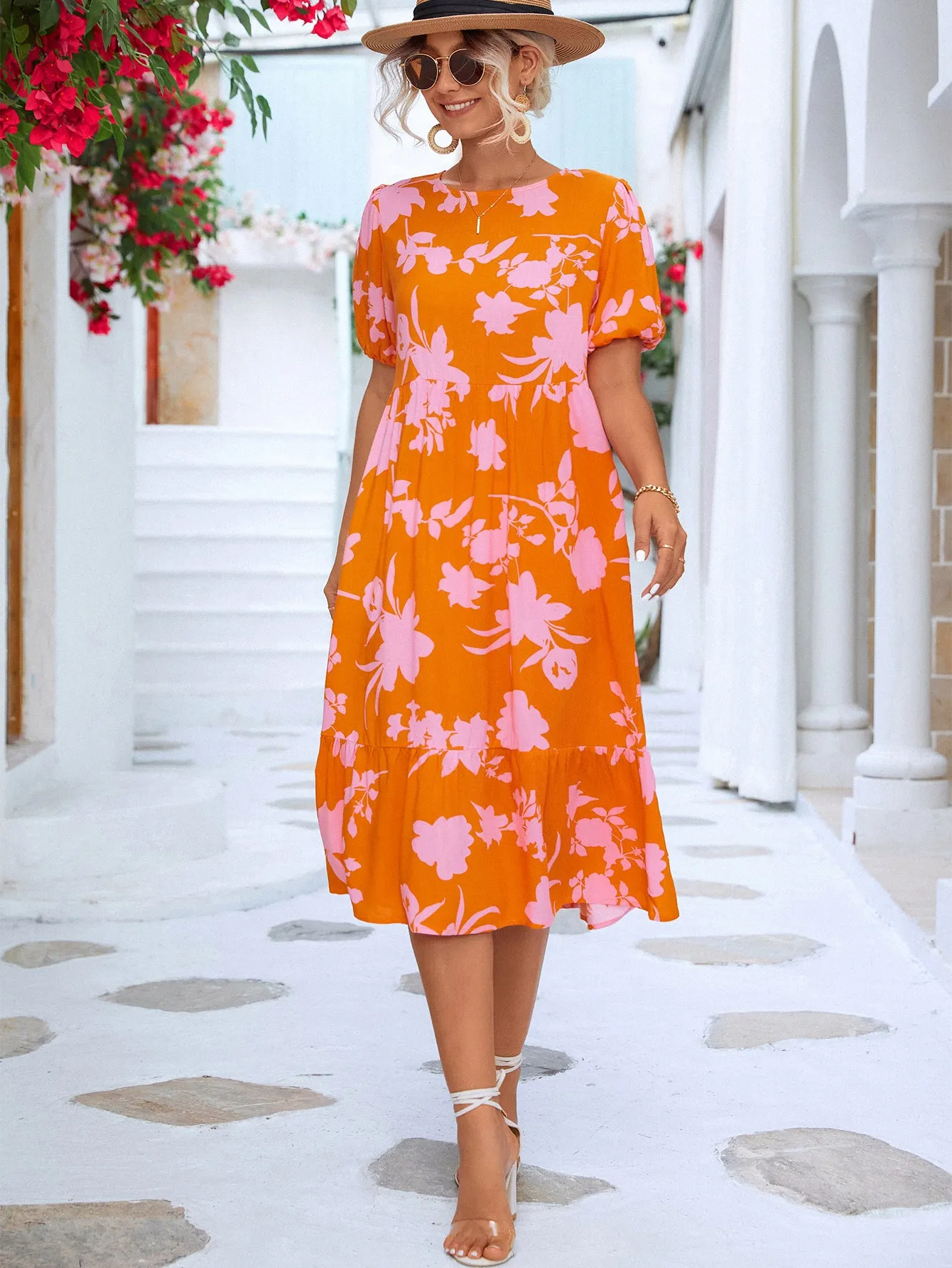 Floral Puff Sleeve Ruffle Hem Midi Dress sold by Gigi Laurent