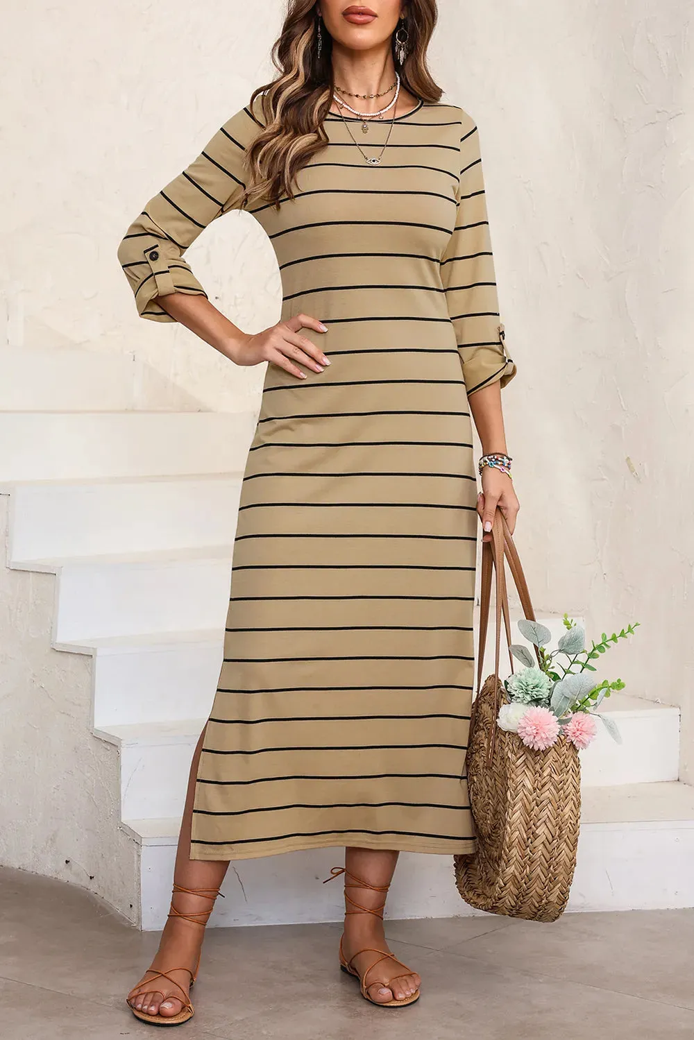 Slit Striped Round Neck Midi Dress sold by Gigi Laurent