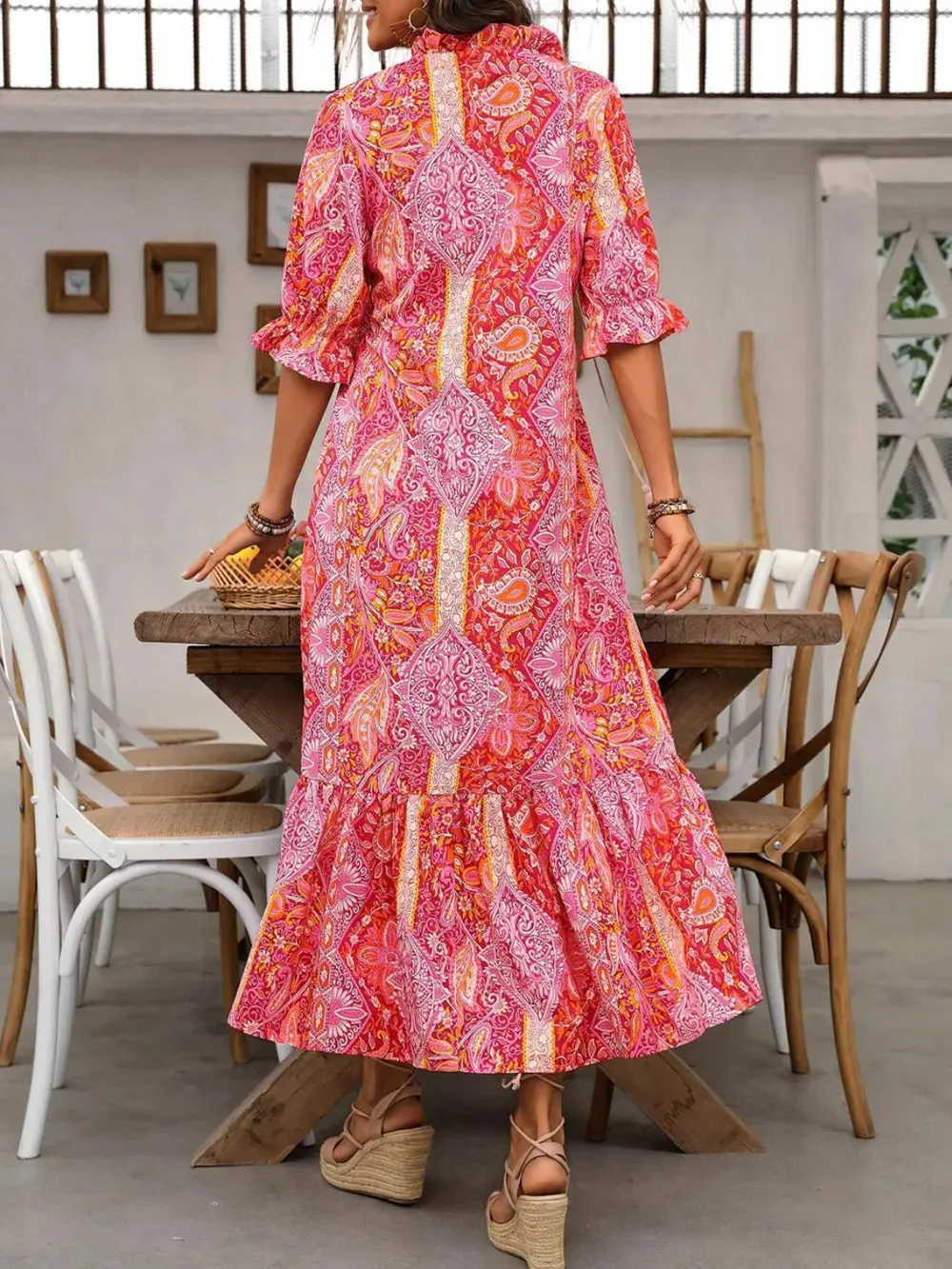 Printed Tie Neck Flounce Sleeve Midi Dress sold by Gigi Laurent product image thumbnail 2