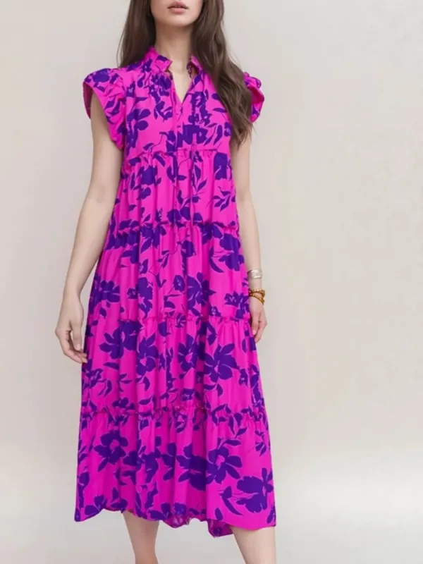 Oh Full Size Ruffled Printed Notched Cap Sleeve Midi Dress sold by Gigi Laurent