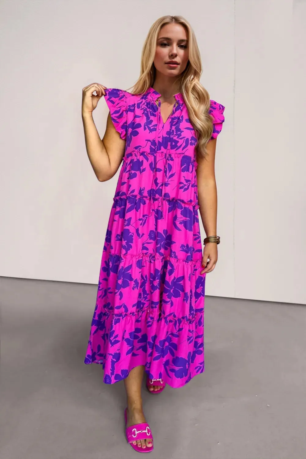 Oh Full Size Ruffled Printed Notched Cap Sleeve Midi Dress sold by Gigi Laurent product image thumbnail 3