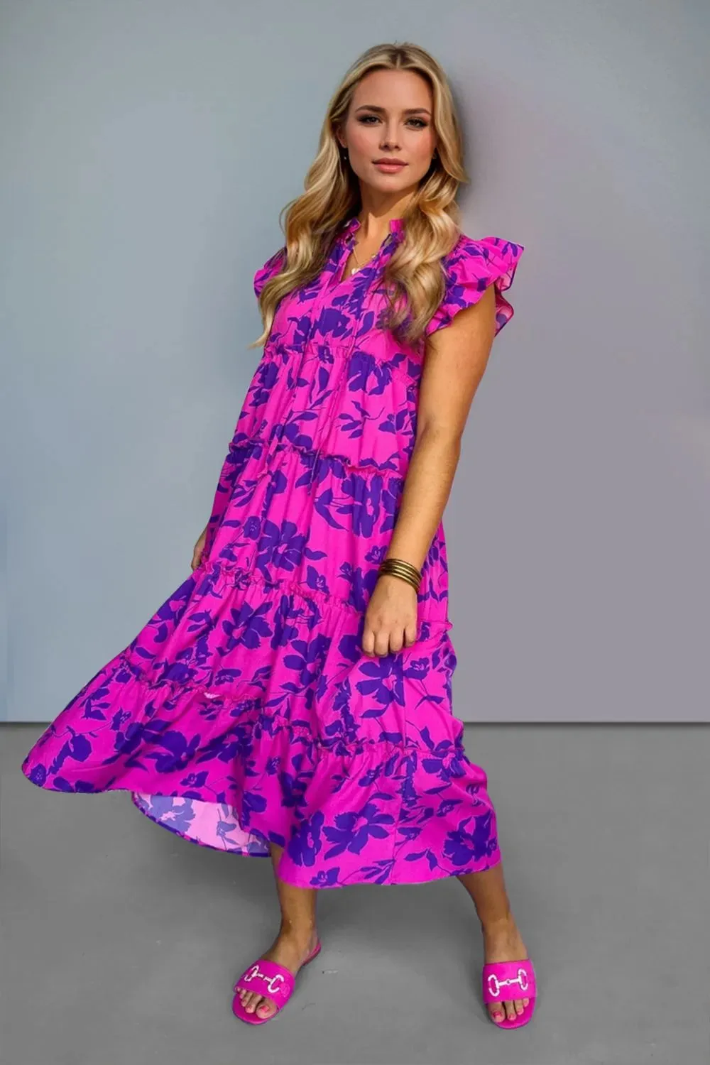 Oh Full Size Ruffled Printed Notched Cap Sleeve Midi Dress sold by Gigi Laurent product image thumbnail 4