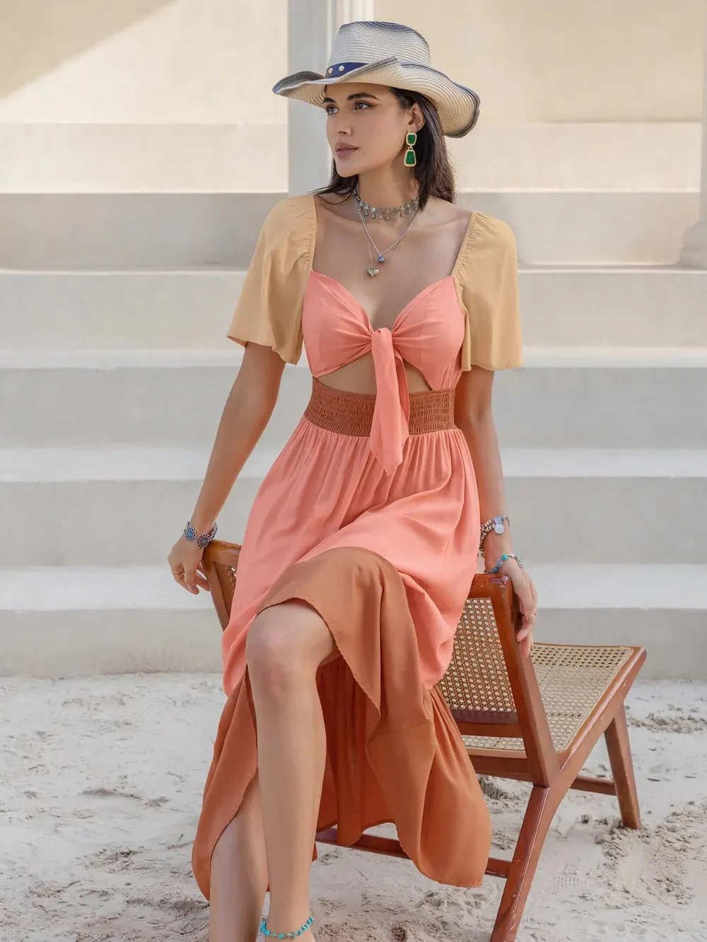 Color Block Tie Front Smocked Midi Dress sold by Gigi Laurent product image thumbnail 5