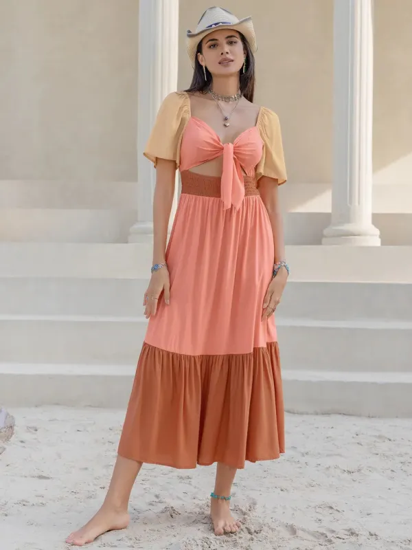 Color Block Tie Front Smocked Midi Dress sold by Gigi Laurent