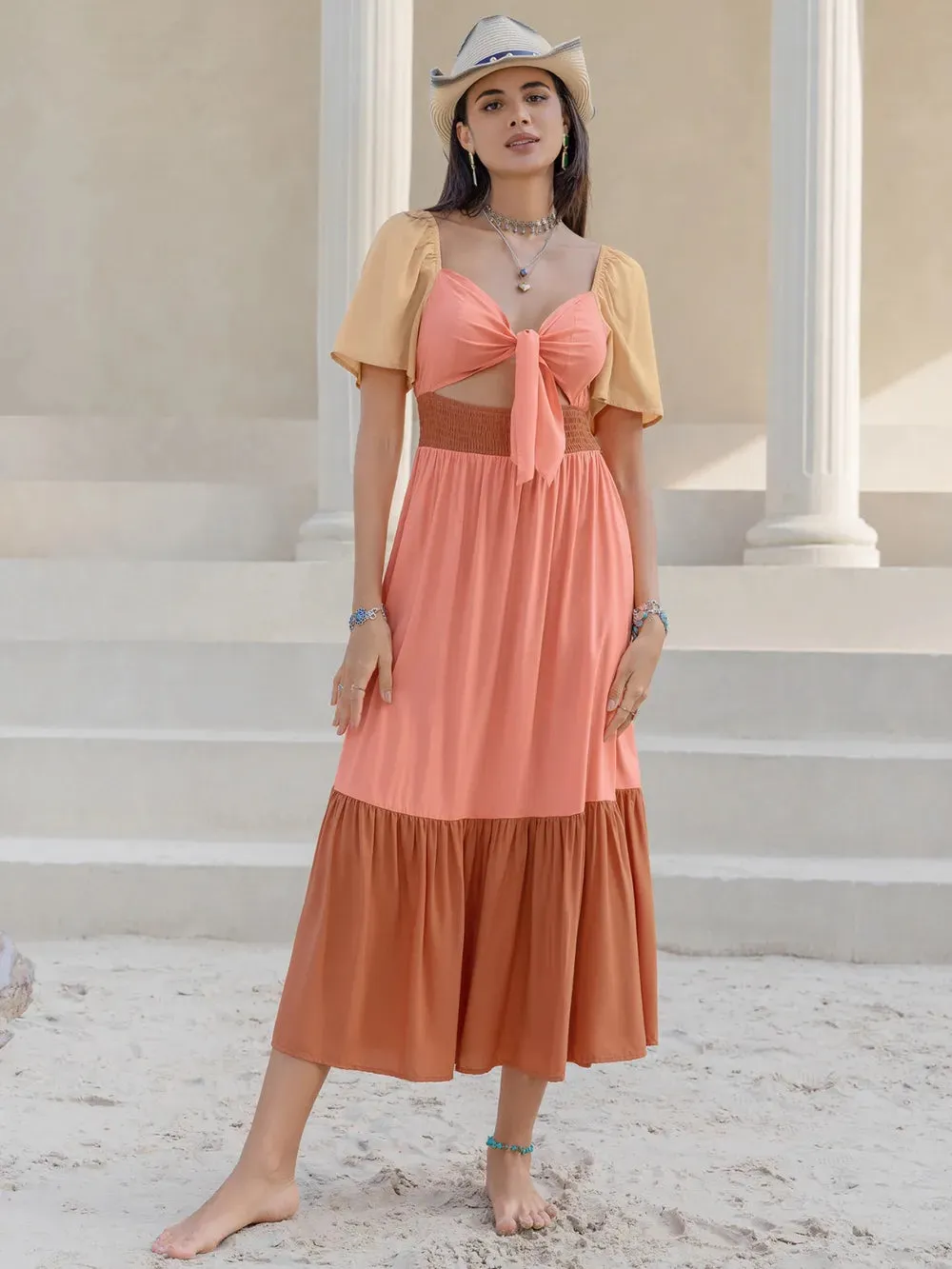 Color Block Tie Front Smocked Midi Dress sold by Gigi Laurent