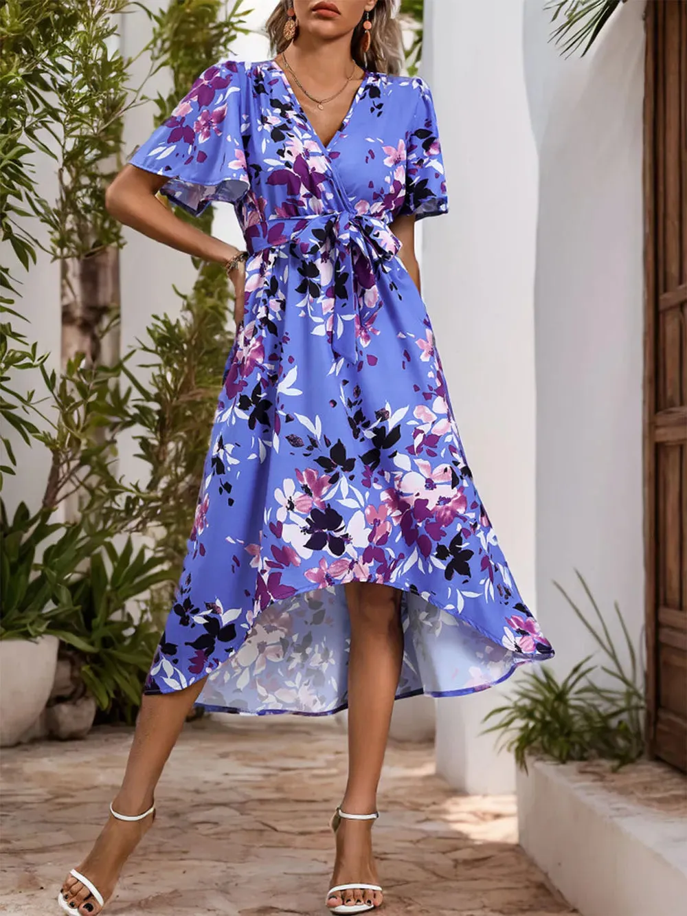 Perfee High-Low Printed Surplice Short Sleeve Midi Dress sold by Gigi Laurent product image thumbnail 5