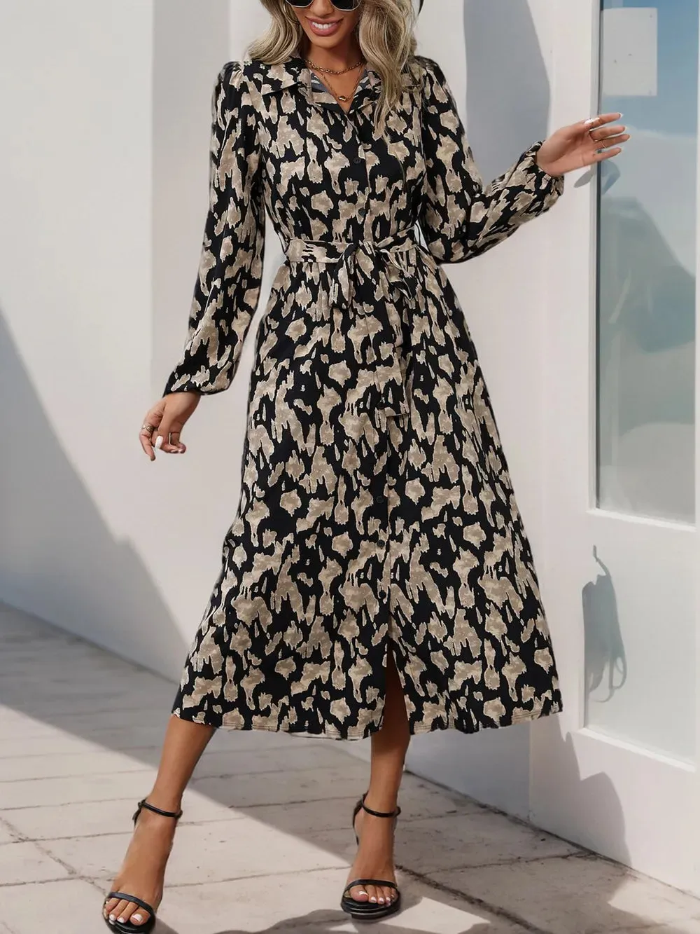 Perfee Printed Long Sleeve Midi Dress sold by Gigi Laurent