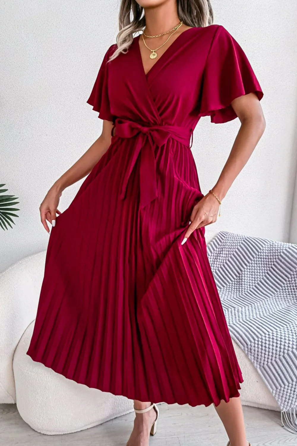 Pleated Flutter Sleeve Belted Dress sold by Gigi Laurent product image thumbnail 4