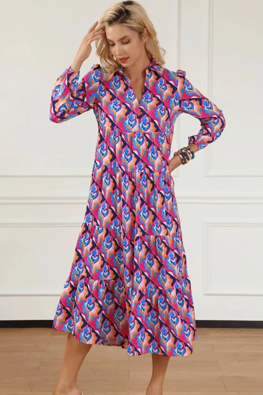 Printed Collared Neck Long Sleeve Midi Dress sold by Gigi Laurent