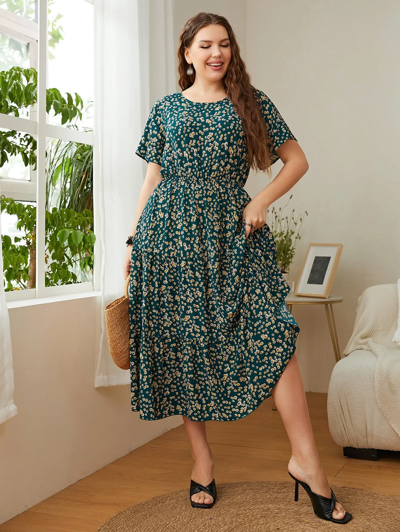 Honey Plus Size Floral Round Neck Short Sleeve Midi Dress sold by Gigi Laurent