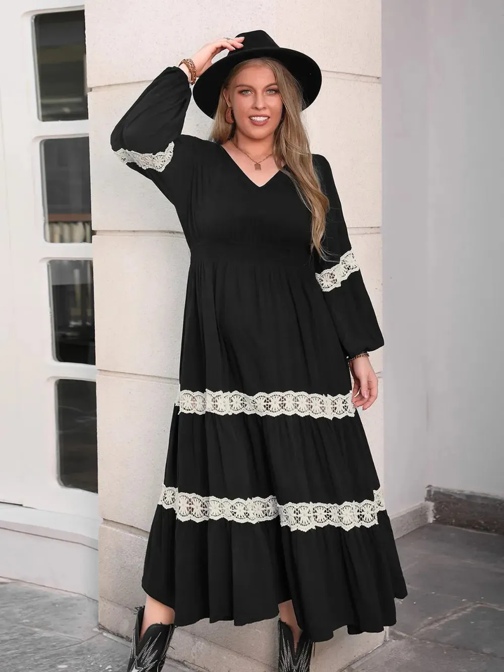 Plus Size Lace Detail V-Neck Long Sleeve Midi Dress sold by Gigi Laurent product image thumbnail 3