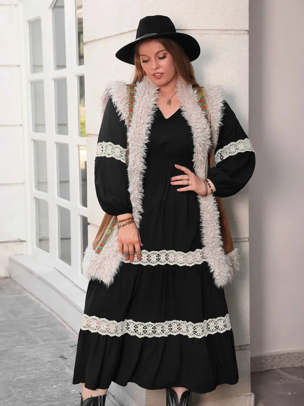 Plus Size Lace Detail V-Neck Long Sleeve Midi Dress sold by Gigi Laurent product image thumbnail 4