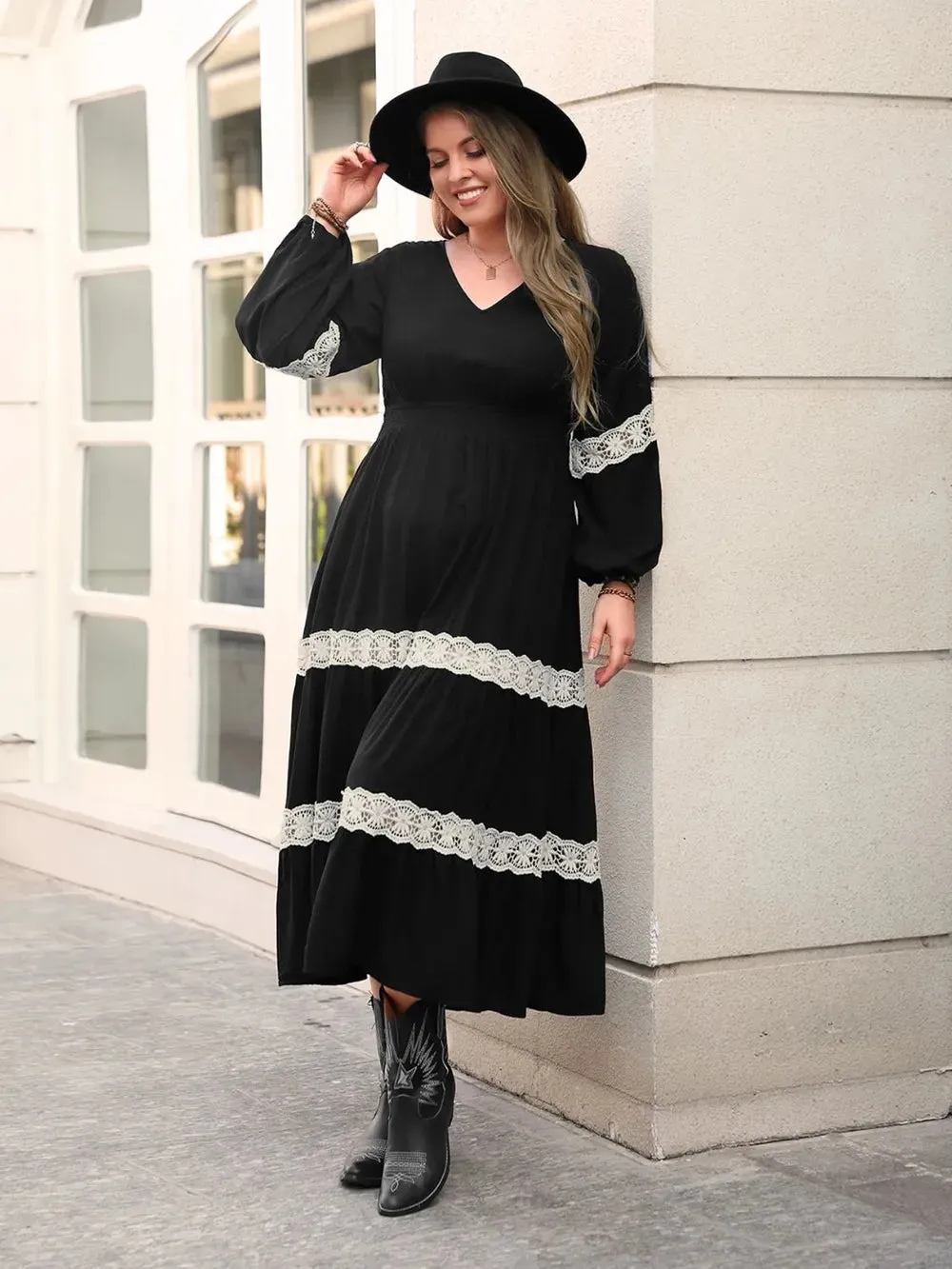 Plus Size Lace Detail V-Neck Long Sleeve Midi Dress sold by Gigi Laurent product image thumbnail 5
