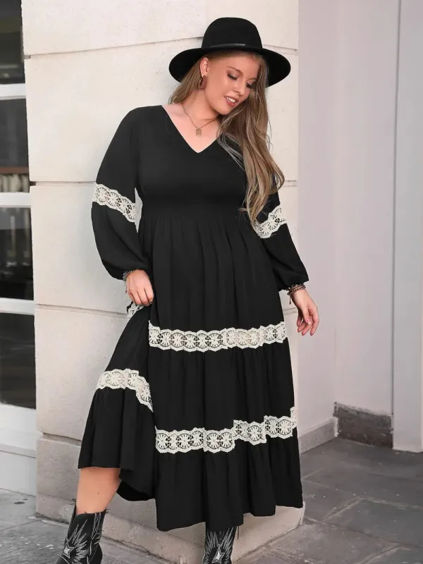 Plus Size Lace Detail V-Neck Long Sleeve Midi Dress sold by Gigi Laurent