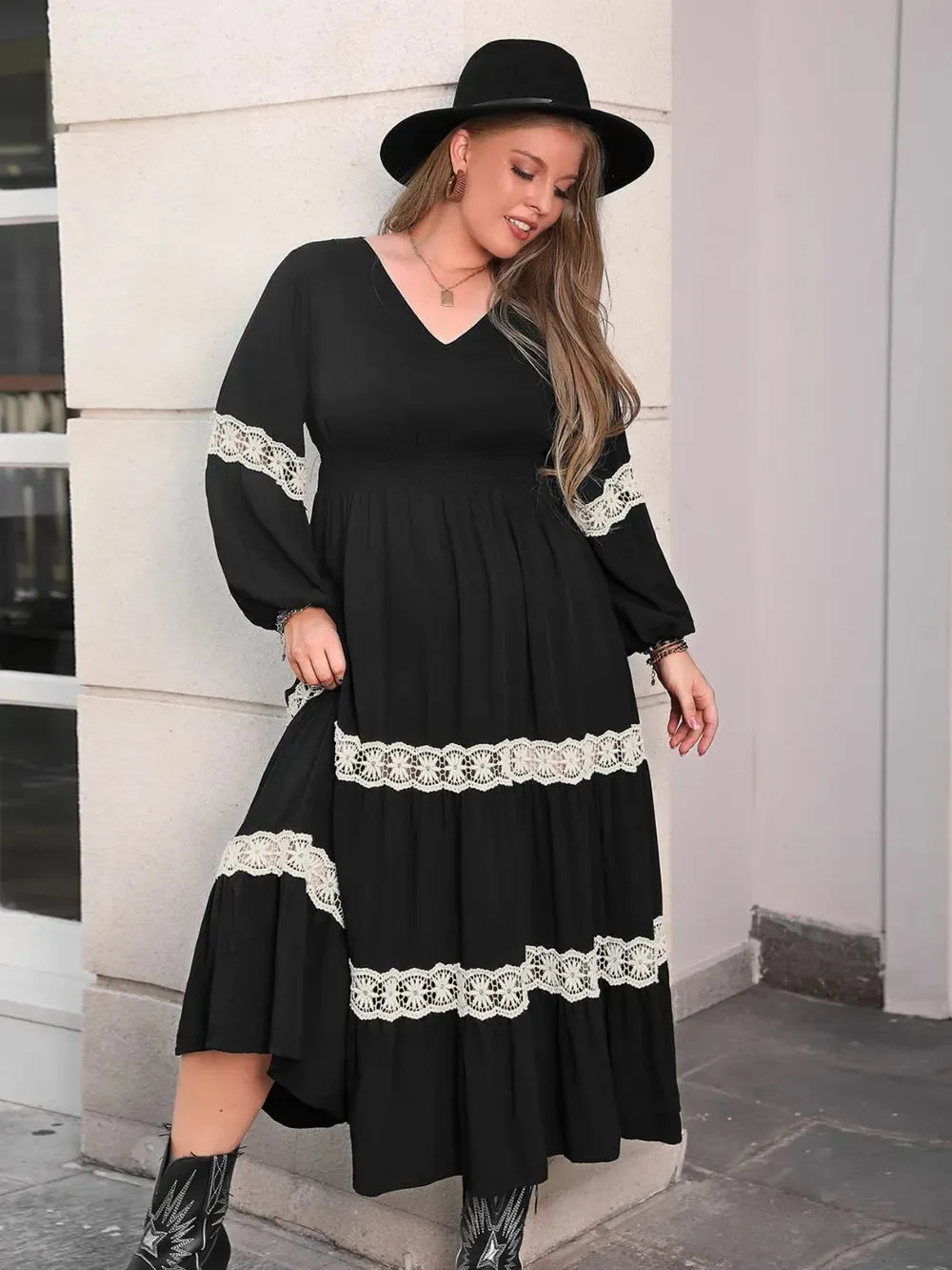 Plus Size Lace Detail V-Neck Long Sleeve Midi Dress sold by Gigi Laurent