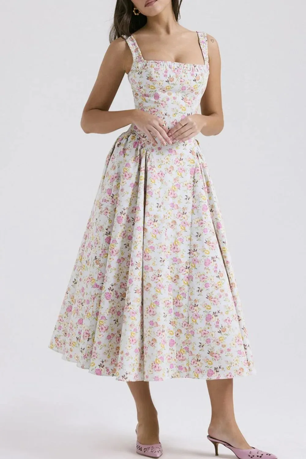 Floral Square Neck Wide Strap Midi Dress sold by Gigi Laurent