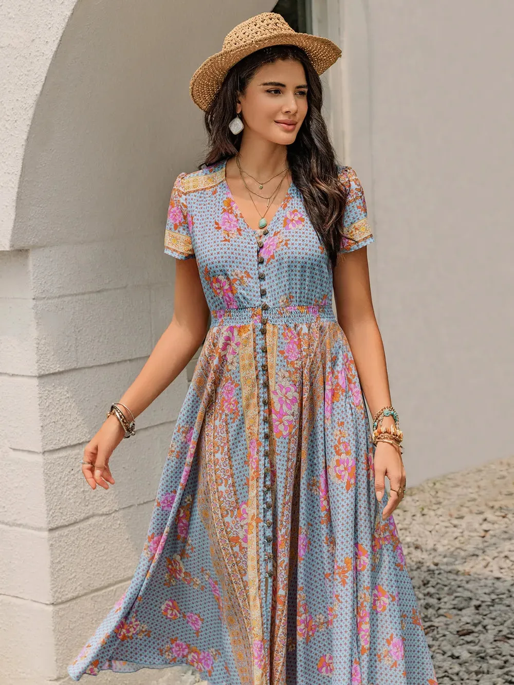 Smocked Floral V-Neck Short Sleeve Midi Dress sold by Gigi Laurent product image thumbnail 2