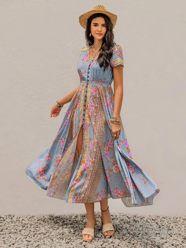 Smocked Floral V-Neck Short Sleeve Midi Dress sold by Gigi Laurent