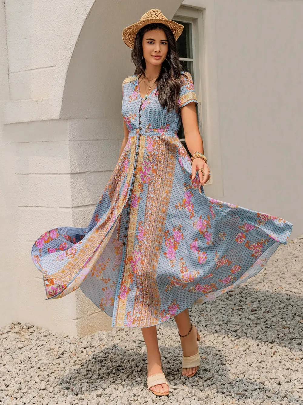 Smocked Floral V-Neck Short Sleeve Midi Dress sold by Gigi Laurent product image thumbnail 5