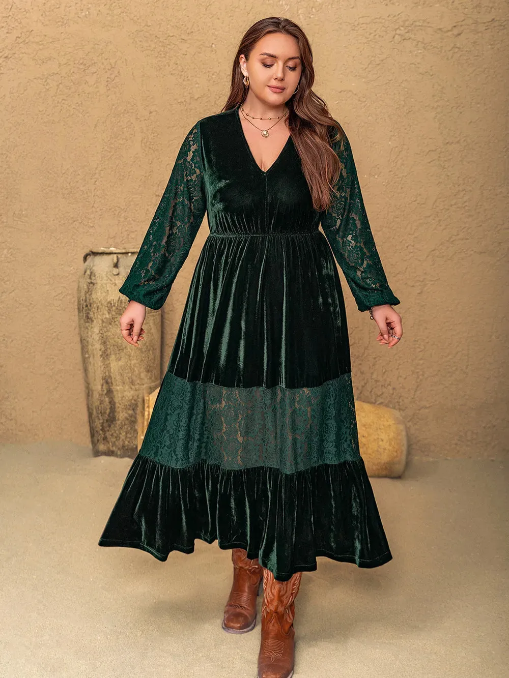 Plus Size Lace Patchwork V-Neck Balloon Sleeve Midi Dress sold by Gigi Laurent product image thumbnail 5
