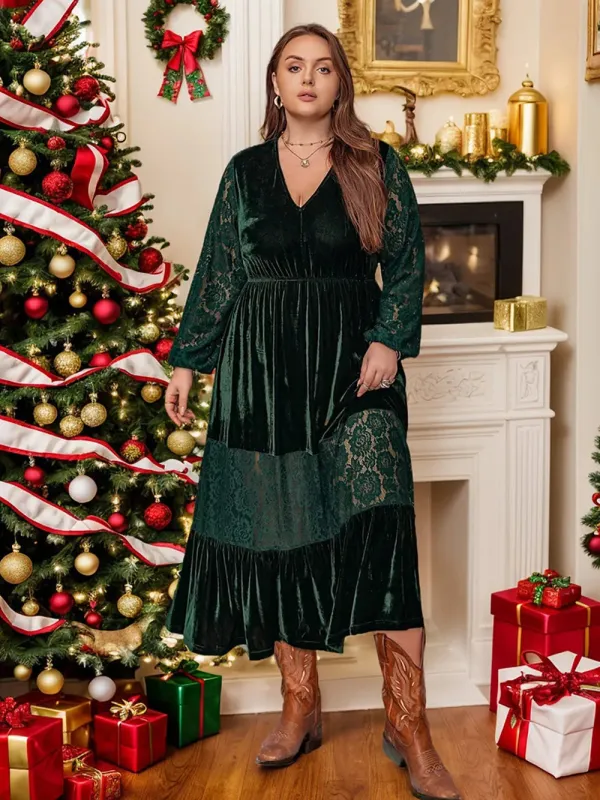 Plus Size Lace Patchwork V-Neck Balloon Sleeve Midi Dress sold by Gigi Laurent