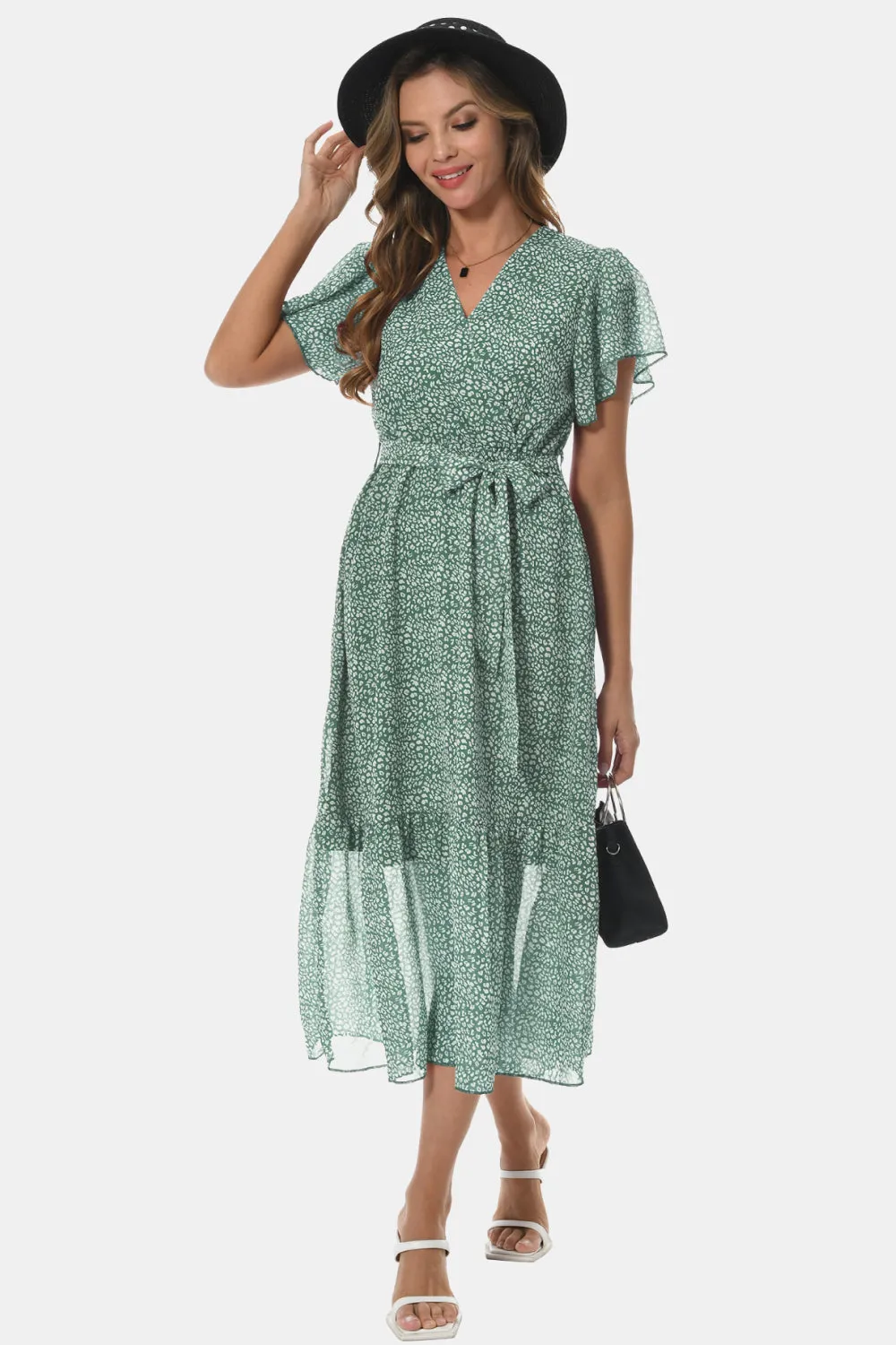 Surplice Neck Flutter Sleeve Tied Dress sold by Gigi Laurent product image thumbnail 3
