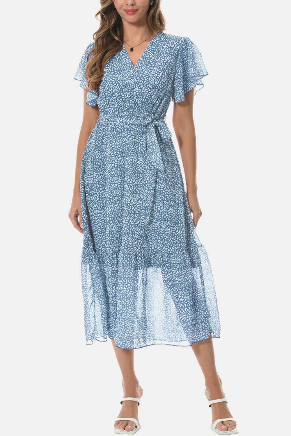 Surplice Neck Flutter Sleeve Tied Dress sold by Gigi Laurent product image thumbnail 4